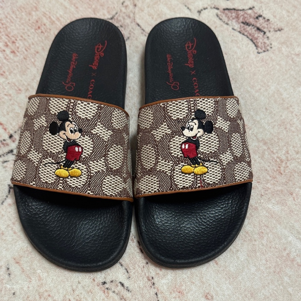 BNWOT. Coach Disney Mickey Mouse Black and Brown Slides